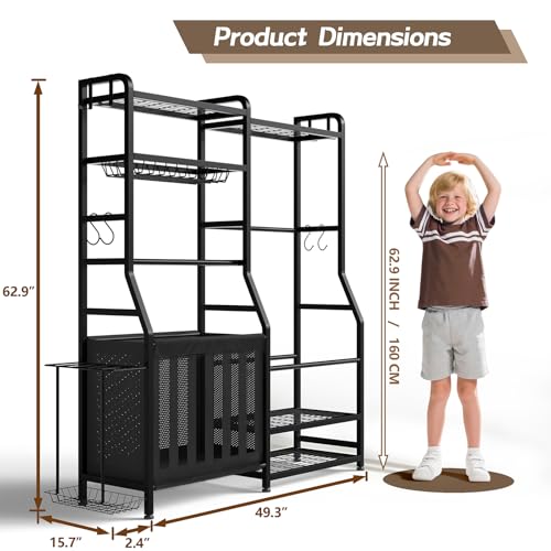 Faesun Garage Sports Equipment Organizer, Golf Bag Storage Rack, Heavy Duty Ball Holder with Basket & Hooks, Indoor/Outdoor Basketball Storage Bins for Toy Sports Gear Storage