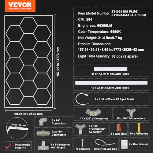 VEVOR Hexagon Garage Lights, 66300LM, 6500K 15 Grid Systems Honeycomb Hexagonal Garage LED Lights, DIY Cool White Car Detailing Ceiling Lighting Bright Shop Light for Gym Basement Workshop