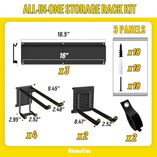 BlumeTrec Garage Tool Organizer Wall Mount, 48" Heavy-Duty Metal Wall Organizer, 3 Rails with 6 Adjustable Hooks, Garden Storage Rack for Organization Sturdy Tool Hanging Holder for Shovel Shed Yard