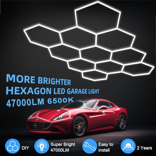 MODERN 11Grids Hexagon Garage Light: 48Pack 384W 47000LM High Brightness Hexagon Garage Lights-Easy Install Honeycomb Ceiling Lights for Warehouse, Gym Basement, Exhibition Hall