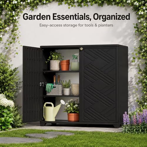 ADDOK Outdoor Storage Cabinet, 60 Gallon Waterproof Resin Patio Storage Cabinet with 1 Adjustable Metal Shelf and Double Doors, Weather-Resistant Organizer for Garden Tools, Pool Supplies and Toys