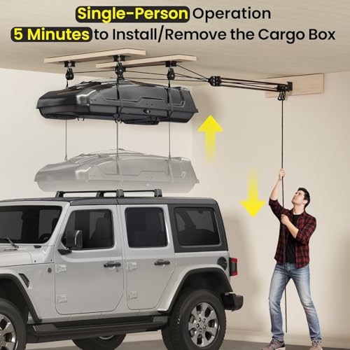 Cargo Box Ceiling Storage Hoist,180lbs Pulley System for Garage Ceiling Storage, Heavy Duty Garage Pulley Lift System for Roof Cargo Box, Garage Hoist for Overhead Storage, Fits 8-16ft Ceilings