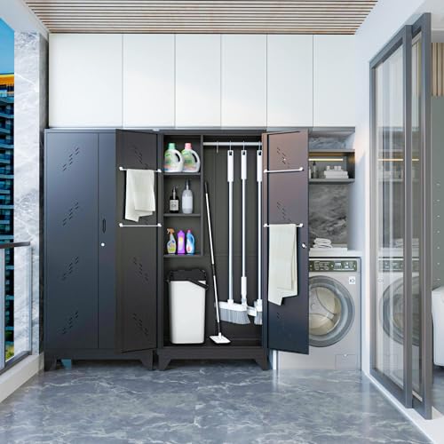 ZONLESON Metal Storage Cabinet, 75" Tall Garage Storage, Utility Cabinet for Brooms and Mops, Metal Locker with Hanging Rod for Garage, Home, Office, Laundry Room, School, Gym, Warehouses, Black