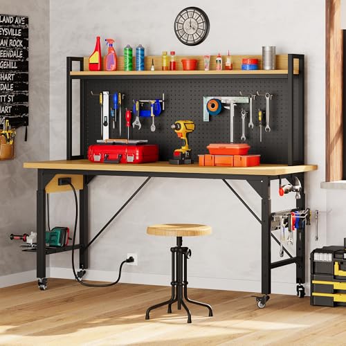 DWVO 60" Adjustable Workbench with Pegboard, Heavy Duty Wood Top Work Bench with Wheels, 1600 LBS Load Capacity, Rolling Work Table with AC/USB Outlet, Hooks, Rack for Garage, Workshop, Office, Home