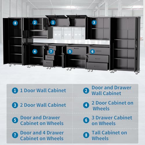 FLIXELIO Garage Storage Cabinets System 10PCS Workshop Set with Drawers Locking Heavy Duty Rolling Cart with Adjustable Shelves Garage Tool Workbench Cabinets, Black
