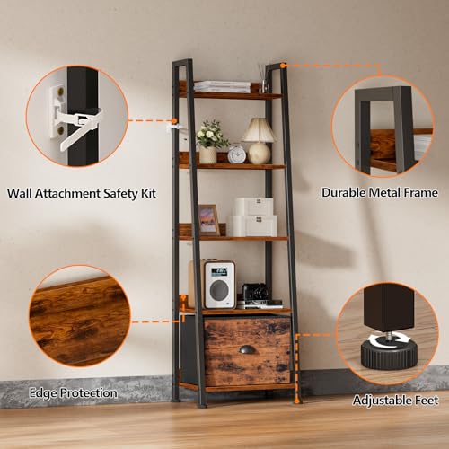 Furologee 5-Tier Ladder Shelf, Ladder Bookshelf with Removable Drawer, Rustic Bookcase Storage Rack Organizer, Wood Metal Freestanding Storage Shelf for Living Room, Home Office, Bedroom, Balcony
