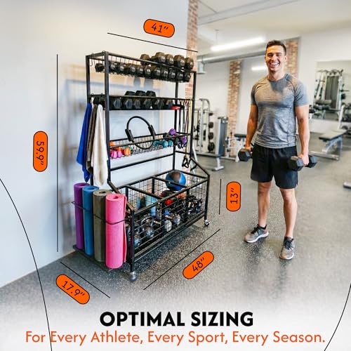 AMPLY Sports Equipment Organizer, Rolling Sports Ball Storage Garage Rack with Large Ball Bins, Side Bat Grid and Multi-Tier Shelves, Steel Rust-Resistant Gear Cart for Families, Schools, Gyms