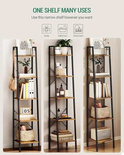 Hzuaneri Ladder Shelf, Bookshelf Bookcase, Freestanding Corner Storage Shelve with 2 Hooks for Home Office, Living Room, Kitchen, Bedroom, Industrial, 11.8" D x 13.4" W x 63" H, Rustic Brown BC03201B
