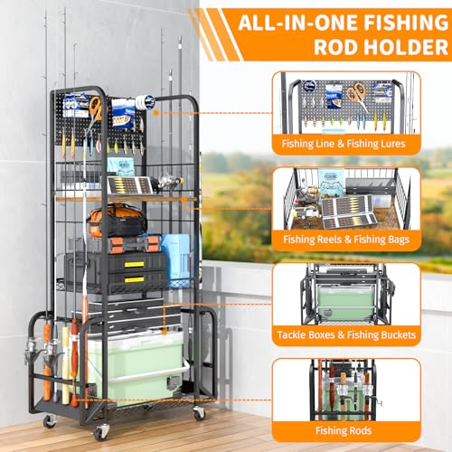 Geznhs Fishing Rod Holders for Garage - Rolling Fishing Pole Rack Organizer with Pegboard & Lockable Wheels, 3 Tier Fishing Gear Storage Holds 10 Rod & Reel Combos, Tackle Box Organizer for Anglers