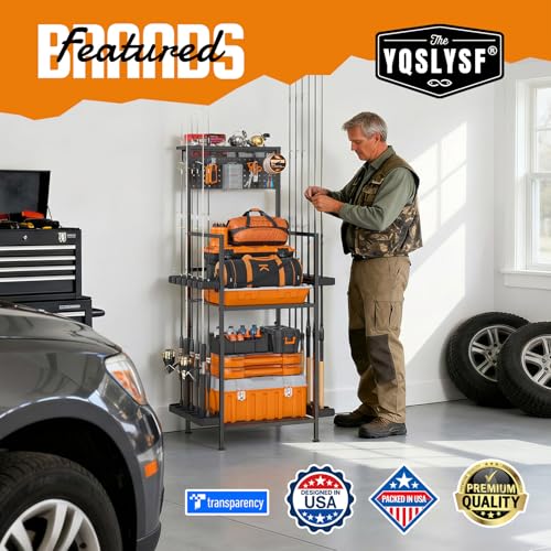 YQSLYSF Fishing Rod Holders for Garage with Pegboard & Metal Mesh Basket, Fishing Rod Storage Rack, Vertical Fishing Pole Holder for Up to 12 Poles, Tackle Gear Organizer