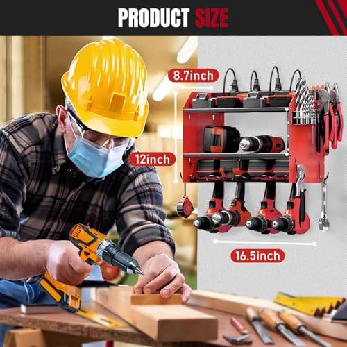 SecureElastic Modular Power Tool Organizer Wall Mount with Charging Station, 3-Layer Heavy Duty Drill Holder Rack & 8-Outlet Power Strip for Garage Workshop Storage