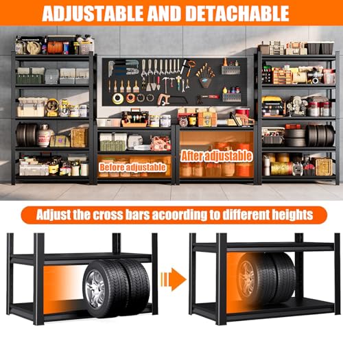 PRESTELION Garage Shelving 3500LBS Storage Shelves 5-Tier Adjustable Metal Shelving Units Garage Storage Shelves Heavy Duty for Industrial, Warehouse, Basement, Commercial, Black (73" H×48" W×24" D)