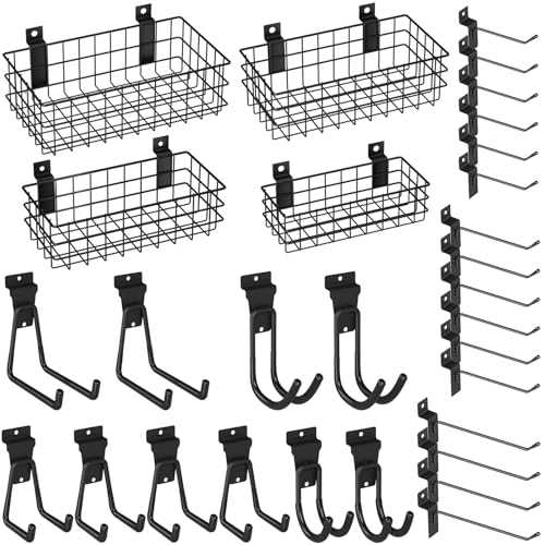 INCLY 30PCS Slatwall Accessories Set, Includes 4 Pack Ventilated Metal Wire Slatwall Baskets and 26PCS Multisized Heavy Duty Slatwall Hooks for Garage Organization Rooms Workshop Storage