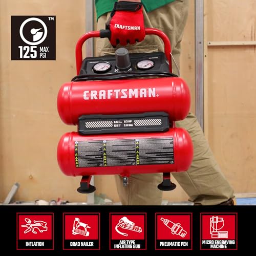 Craftsman 2-Gallon Air Compressor, 1/3 HP Oil-Free Twin Tank, 125 PSI Max – Portable & Quiet for Home DIY, Tire Inflation, Nailing & Spray Painting (Twin Stack)