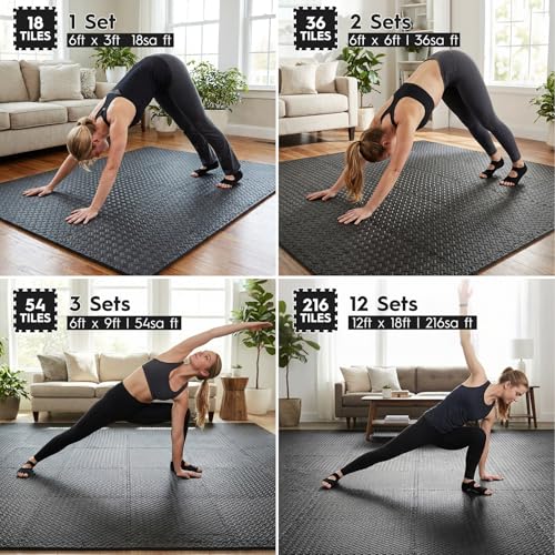 Haulcove 18 Tiles Puzzle Exercise Mat, EVA Interlocking Foam Floor Tiles, Non-Slip, Protective, Water-Resistant Flooring for Home Gym & Workout Equipment, 12.6" x 12.6" x 0.4", 18 Sq Ft, Black