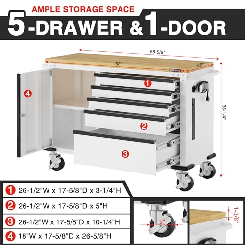 WORKPRO 52" x 20" 5-Drawer & 1-Door Rolling Tool Chest, Heavy Duty Tool Chest with Wheels, Power Strip, Locking System, Rolling Cabinet for Garage, Home & Kitchen, 1000 lbs Capacity