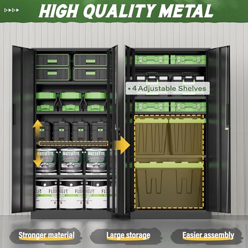 Greenvelly Metal Storage Cabinet, 72" Black Steel Garage Cabinet with Doors and Adjustable Shelves, Metal Cabinet with Lock,Garage Cabinets and Storage System for Garage,Home Office,School