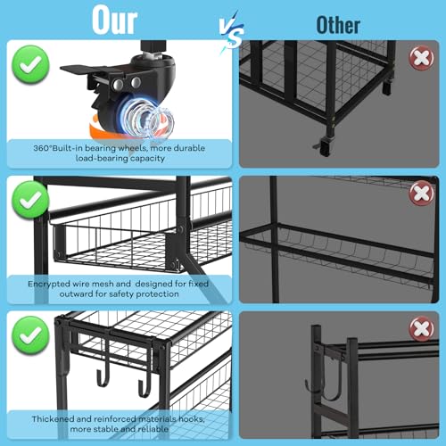 Sports Equipment Garage Organizer - Heavy Duty Garage Organization Ball Storage Rack with Basket, Hooks and Rolling Cart for Sports Gear and Toy Storage, Indoor/Outdoor Use, Black