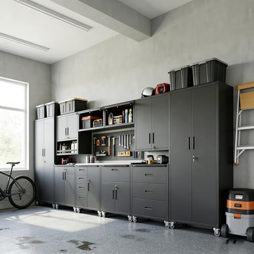 VIYET 10-Piece Heavy Duty Steel Garage Cabinet System | All-in-One Modular Garage Cabinet Set for Ultimate Workshop Organization | Easy Assembly Garage Storage Cabinets & Tool Bench (Black)