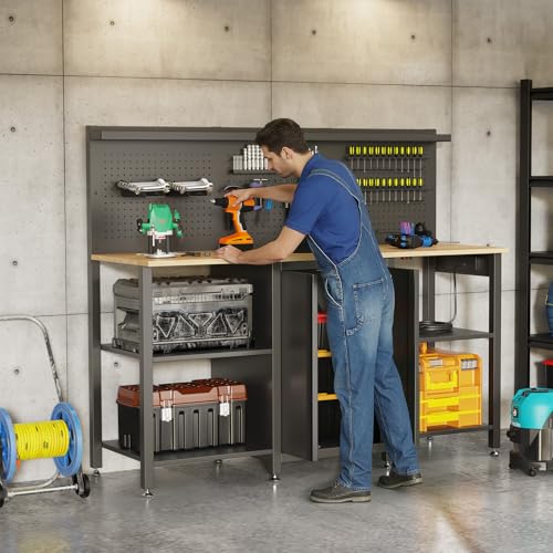 JFHID 60’’ Workbench and Garage Cabinet Storage System 2000LBS Heavy Duty Work Bench Table with Top Storage Panel Wrench Holder Hammer Rack Hooks Screwdriver Rack Charge Station Tool Organizer