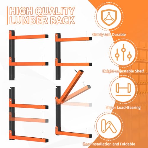Mogbhw 4 Pack Lumber Storage Rack, Wall Mount Foldable & Adjustable Lumber Rack with 8-Level Holds Up 1040 Lbs, Heavy Duty Metal Garage Wood Rack for Workshop, Basement, Indoor and Outdoor