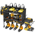 CCCEI Modular Power Tool Organizer Wall Mount Charging Station, Black 6 Drills Holder with 8 Plug Power Strip, Garage Drill Battery Heavy Duty Metal Shelf, Utility Rack with Hooks, Side Storage.