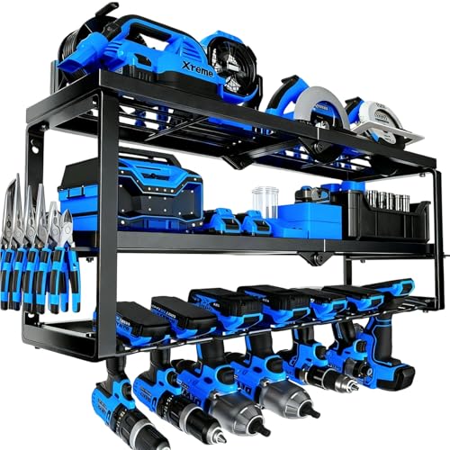 SecureElastic Heavy Duty Power Tool Organizer Wall Mount - 3 Tier Metal Tool Rack with 7 Drill Holders, 300LB Capacity for Garage, Workshop, Pegboard Storage
