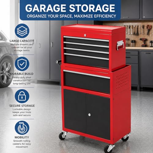 Heavy Duty 5 Drawer Tool Chest, Rolling Tool Box Cabinet on Wheels, 2-in-1 Detachable Metal Tool Storage Organizer for Garage and Workshop, Locking Steel Tool Cart with Portable Top Tool Box,Black&Red
