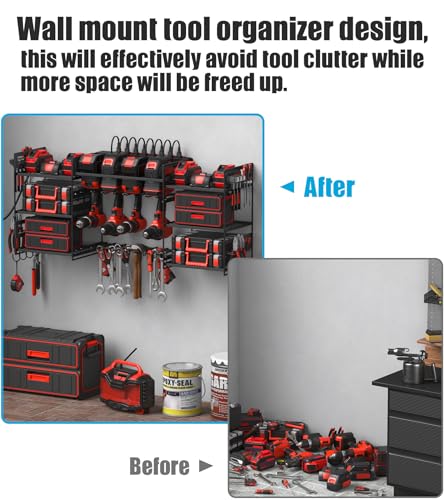CCCEI Black Power Tool Organizer Wall Mount, Large Tools and Battery Storage Rack Charging Station Individual Switches. Drills Holder, Garage Utility Shelves with 10FT Power Strip. Gift for Men.