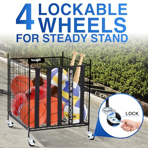 YES4ALL Metal Rolling Sports Ball Storage Cart with Lockable Wheels – Heavy-Duty Basketball, Football & Volleyball Holder for Garage, Gym or School – Large Equipment Organizer with Easy-Access Elastic Bands