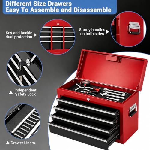 Heavy Duty 5 Drawer Tool Chest, Rolling Tool Box Cabinet on Wheels, 2-in-1 Detachable Metal Tool Storage Organizer for Garage and Workshop, Locking Steel Tool Cart with Portable Top Tool Box,Black&Red