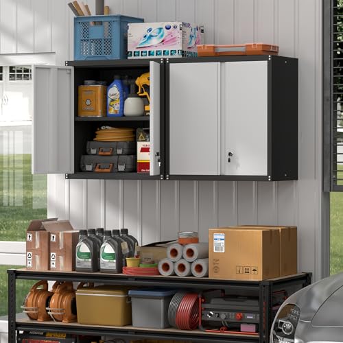 STEELIST Steel Wall Cabinet, Heavy Duty Hanging Garage Storage Cabinet with Adjustable Shelf & Locking Doors, Wall Mounted Metal Garage Cabinet for Workshop, Utility Room, Shed, Black/Grey