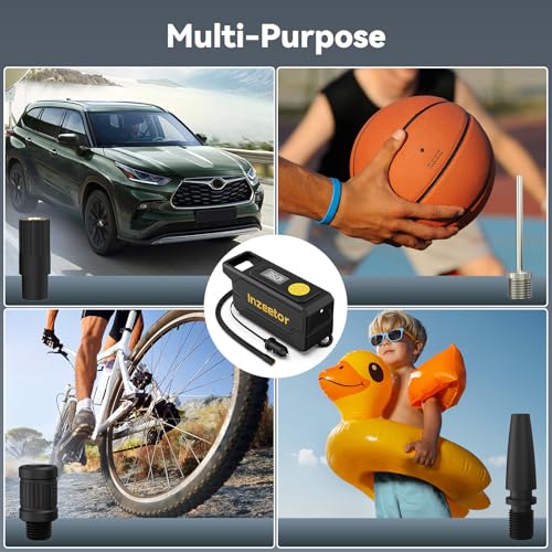 Inzeetor 150 PSI Tire Inflator Portable Air Compressor, 12V DC Auto Shutoff Air Pump with Digital Pressure Gauge and Emergency LED Light for Car Tires, Bicycle & Balloons, Black
