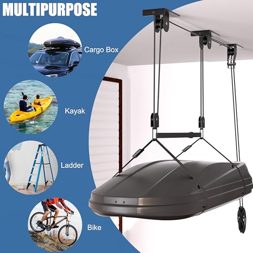 KOSEOO Cargo Box Pulley System for Garage Storage, Heavy-Duty Kayak/Canoes/Bikes/Ladders Ceiling Hoist, Hold Up to 150 lbs Capacity, Fit 10-18 Foot Ceilings, Black