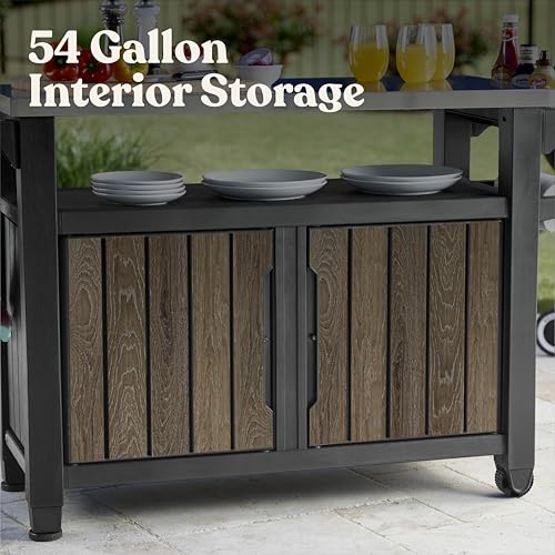 Keter Unity XL Outdoor Entertainment Cart with Wood‑Look Finish, 78‑Gallon Patio Storage Cabinet, Food Prep Station, Stainless‑Steel Top for BBQ, Grill, Patio, Deck & Backyard, Walnut