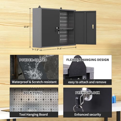 JZD Metal Workshop Durable Cabinet Combo Set, Wooden Top Workbench Set Garage Storage Organizer System