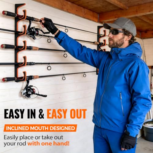 PLUSINNO H5P Fishing Rod/Pole Holders for Garage, Fishing Rod Holder Ceiling or Wall Mounted Rod Rack, Fishing Gear Equipment Storage Organizer Holds up to 5 Rods or Combos or Nets