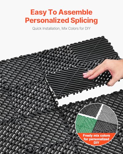 VEVOR Interlocking Drainage Mat, 12” x 12” Modular Interlocking Cushion, 55 Pcs Splicing Drainage Mats, Non-Slip PP Drainage Floor Tile and Shower Mat, for Garage, Garden, Kitchen & Outdoor, Black