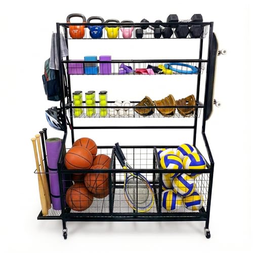AMPLY Sports Equipment Organizer, Rolling Sports Ball Storage Garage Rack with Large Ball Bins, Side Bat Grid and Multi-Tier Shelves, Steel Rust-Resistant Gear Cart for Families, Schools, Gyms