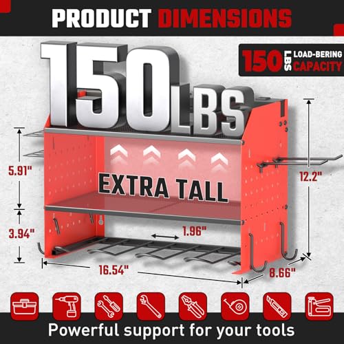 ZESEN Power Tool Organizer with Charging Station, Heavy Duty 3 Layer Drill Holder Wall Mount Garage Shelf Rack with 6 Outlet Power Strip, Tool Shelf with Hooks, Drill Bit Rack for Garage, Red