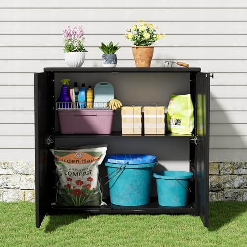 KINYING Outdoor Storage Cabinet Waterproof, 60 Gallon Resin Outdoor Storage Shed for Patio/Garden/Backyard, Outdoor Storage Box for Cushions,Garden Tools and Pool Supplies(Black with 1 Shelving)