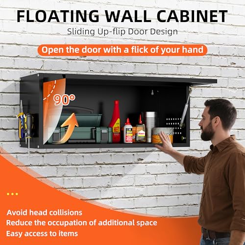 Yoonkool Metal Garage Wall Cabinet, Floating Garage Tool Cabinets with Up-Flip Door,13.8''H Hanging Wall Mounted Storage Cabinet for Garage, Warehouse, Kitchen, Bathroom, Workshop, RV, Black