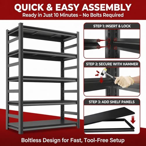 BEESTMUEBLE Garage Shelving, 3000 LBS Heavy Duty Metal Storage Shelves with Anti-Fall Rails, 5-Tier Adjustable Storage Rack for Garage, Warehouse, Basement, 35.4" W x 15.7" D x 72" H