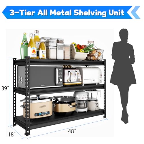SDXYSTCE 48" W Garage Shelving Heavy Duty, 1500LBS Loads Adjustable Garage Storage Shelves, 3-Tier Metal Shelving Units and Storage Racks, Industrial Utility Shelf,48" Wx18 Dx39 H, Black