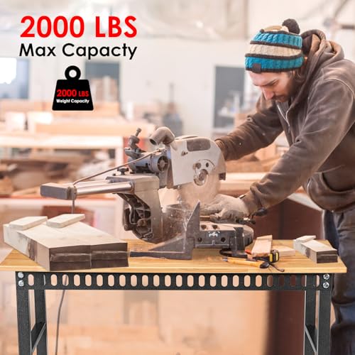 OLBRUS 48 "Adjustable Workbench with Power Outlet, Heavy Duty 2000 LBS Load Capacity Hardwood Workbench Suitable for Workshop, Office, Garage, Home with Wheels