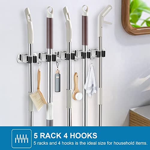 IMILLET 2 Pack Wall Mount Broom Holder Stainless Steel 5 Racks with 4 Hooks Broom Organizer Self Adhesive Heavy Duty Laundry Room, Garage Organization Storage