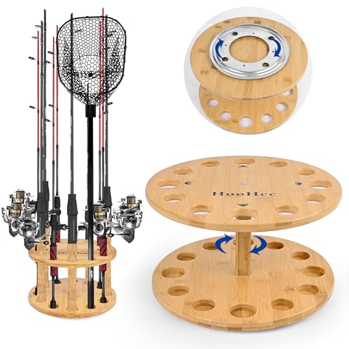 NBINGB Fishing Rod Holders for Garage 360 Degree Rotating Fishing Pole Rack, Floor Stand Holds up to 12 Rods Bamboo Wood Fishing Gear Equipment Storage Organizer, Fishing Gifts for Men