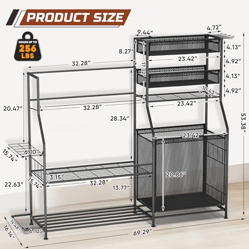 BOEASTER Garage Sports Equipment Organizer,3 Golf Bags Storage Stand,Heavy-Duty Ball Storage Rack with Basket and Hooks,Space-Saving Design for Toy Sports Gear Storage Indoor/Outdoor Use