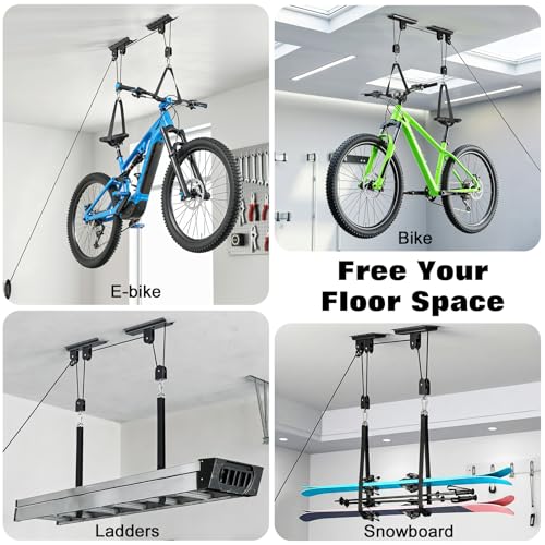Housolution Bike Hoist, [1 Pack] Hoist Pulley System with 88Lbs, Fit 10-16Feet High Ceilings, Heavy-Duty Overhead Ceiling Storage System for Road, MTB, Fat Tire, Ebike Hanger, Ladders, Snowboard