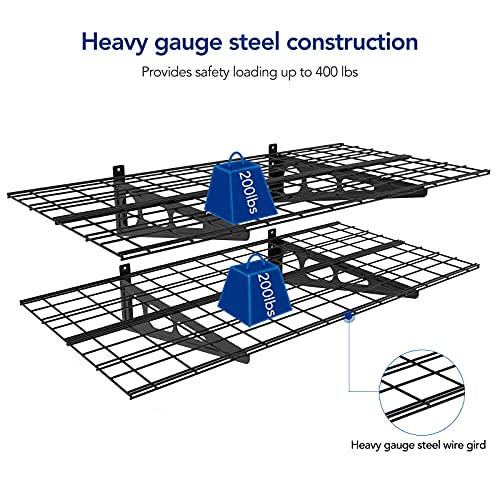 FLEXIMOUNTS Garage Storage Bundle – 2-Pack 2x4ft Wall Mounted Floating Shelves 24"x48"& 3x6ft Adjustable Overhead Ceiling Rack 72"x36"x40", 450lbs Capacity, Black
